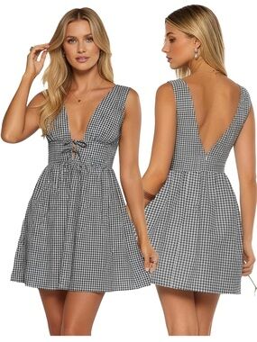 Tie-Front Black and White Gingham V-Neck Dress